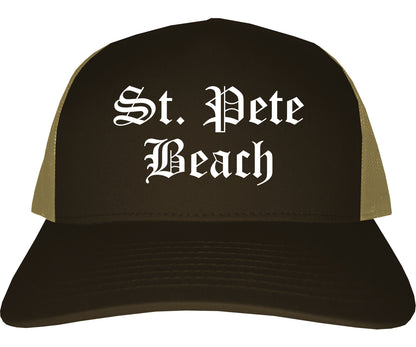 St. Pete Beach Florida FL Old English Mens Trucker Hat Cap Brown