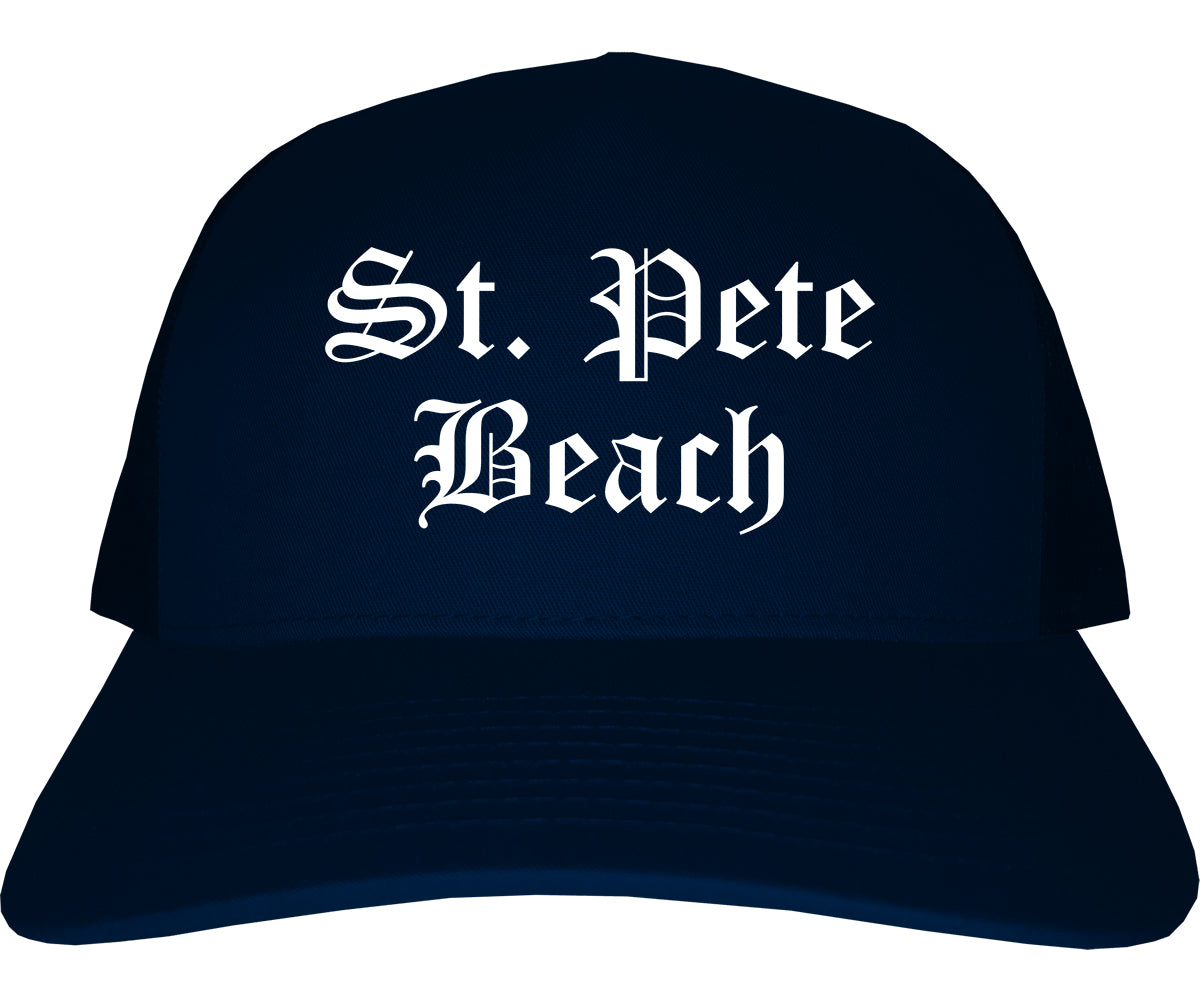 St. Pete Beach Florida FL Old English Mens Trucker Hat Cap Navy Blue