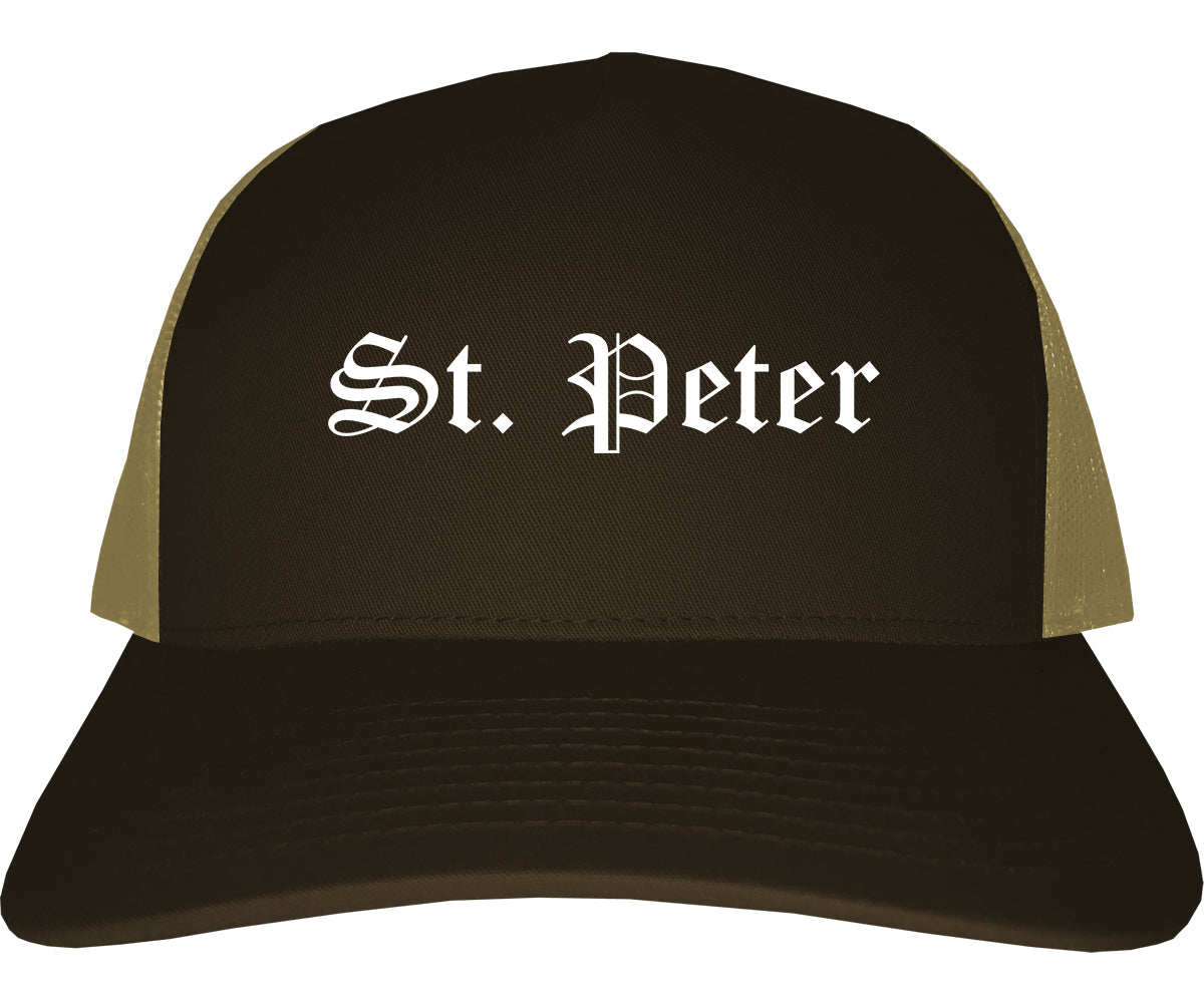 St. Peter Minnesota MN Old English Mens Trucker Hat Cap Brown