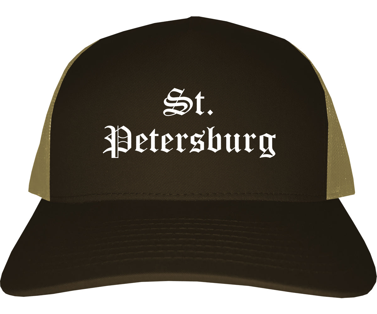 St. Petersburg Florida FL Old English Mens Trucker Hat Cap Brown
