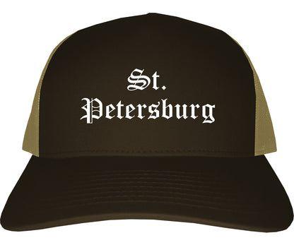 St. Petersburg Florida FL Old English Mens Trucker Hat Cap Brown