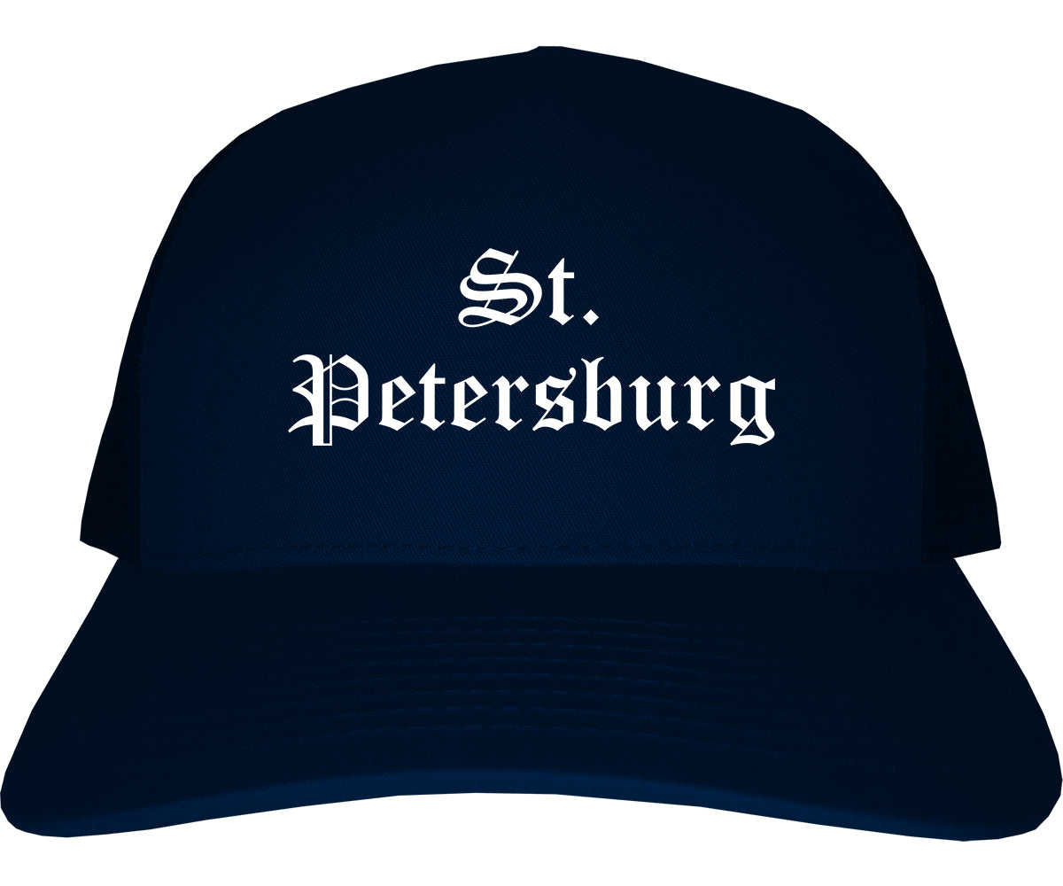St. Petersburg Florida FL Old English Mens Trucker Hat Cap Navy Blue