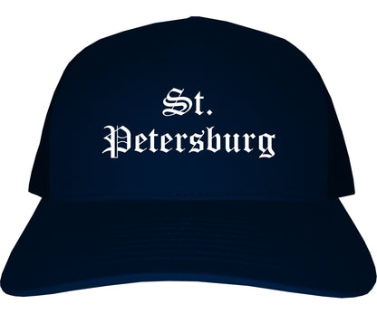 St. Petersburg Florida FL Old English Mens Trucker Hat Cap Navy Blue