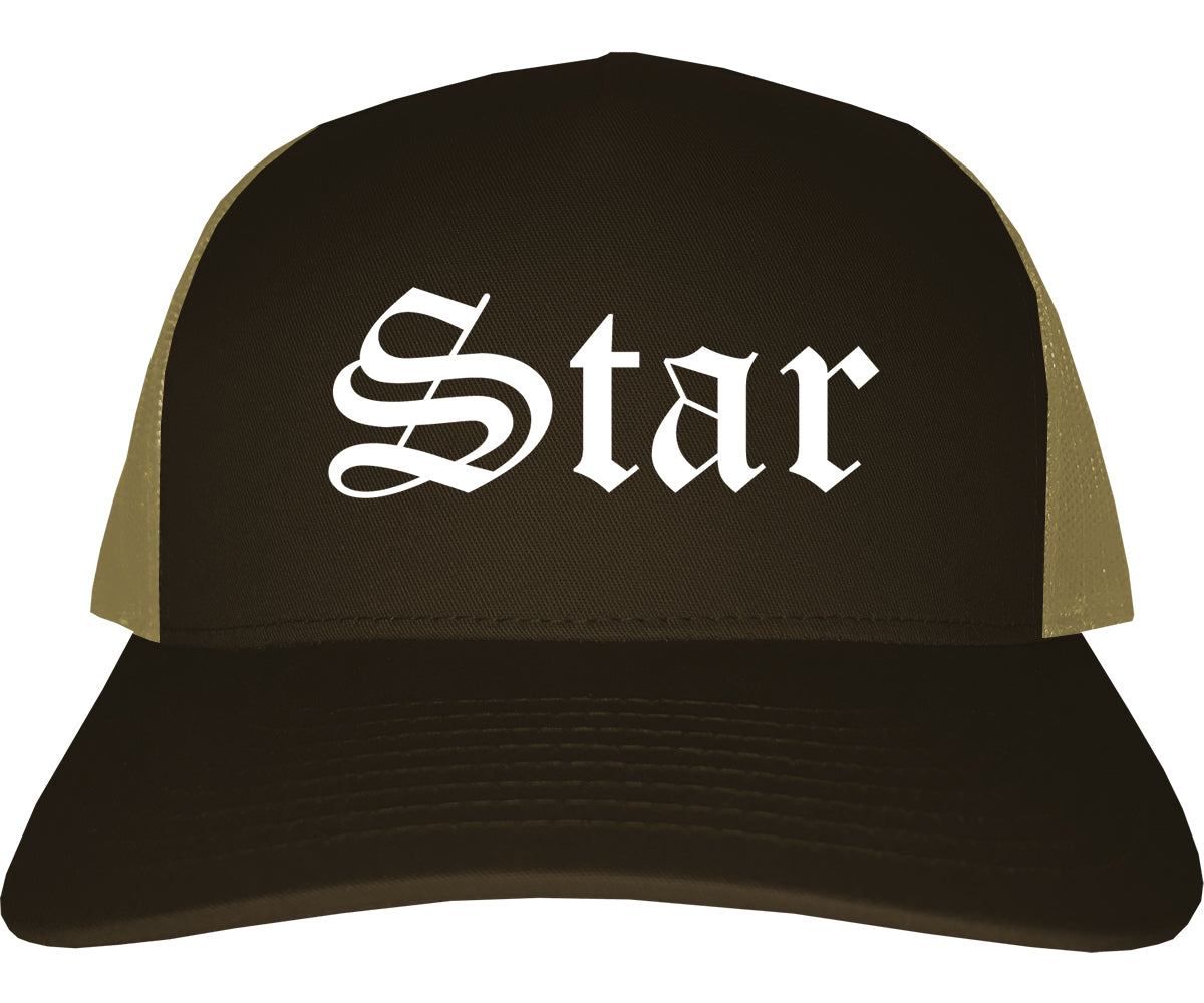 Star Idaho ID Old English Mens Trucker Hat Cap Brown