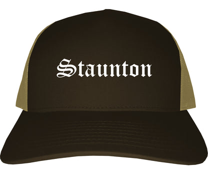 Staunton Illinois IL Old English Mens Trucker Hat Cap Brown