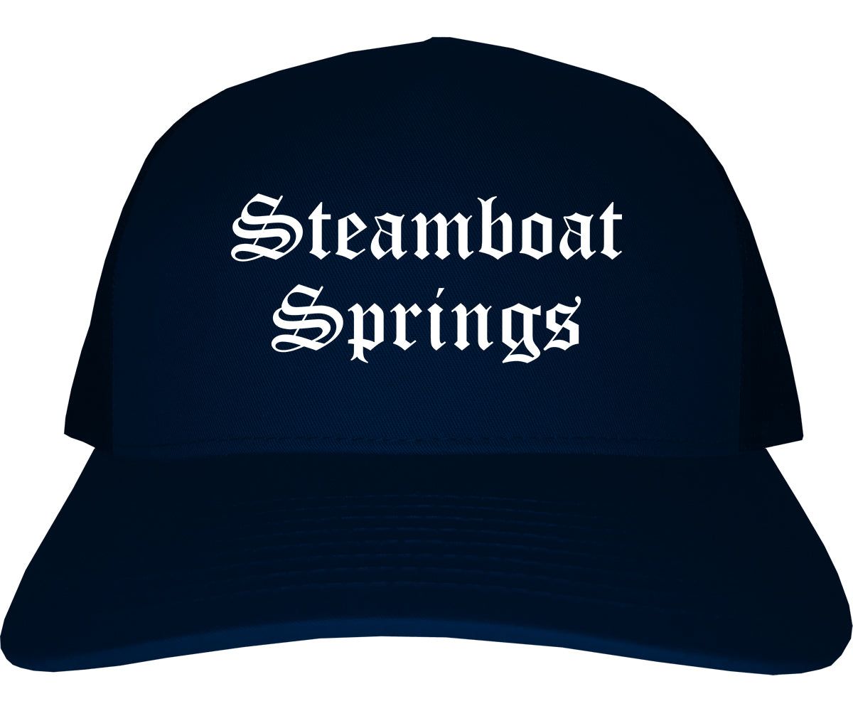 Steamboat Springs Colorado CO Old English Mens Trucker Hat Cap Navy Blue