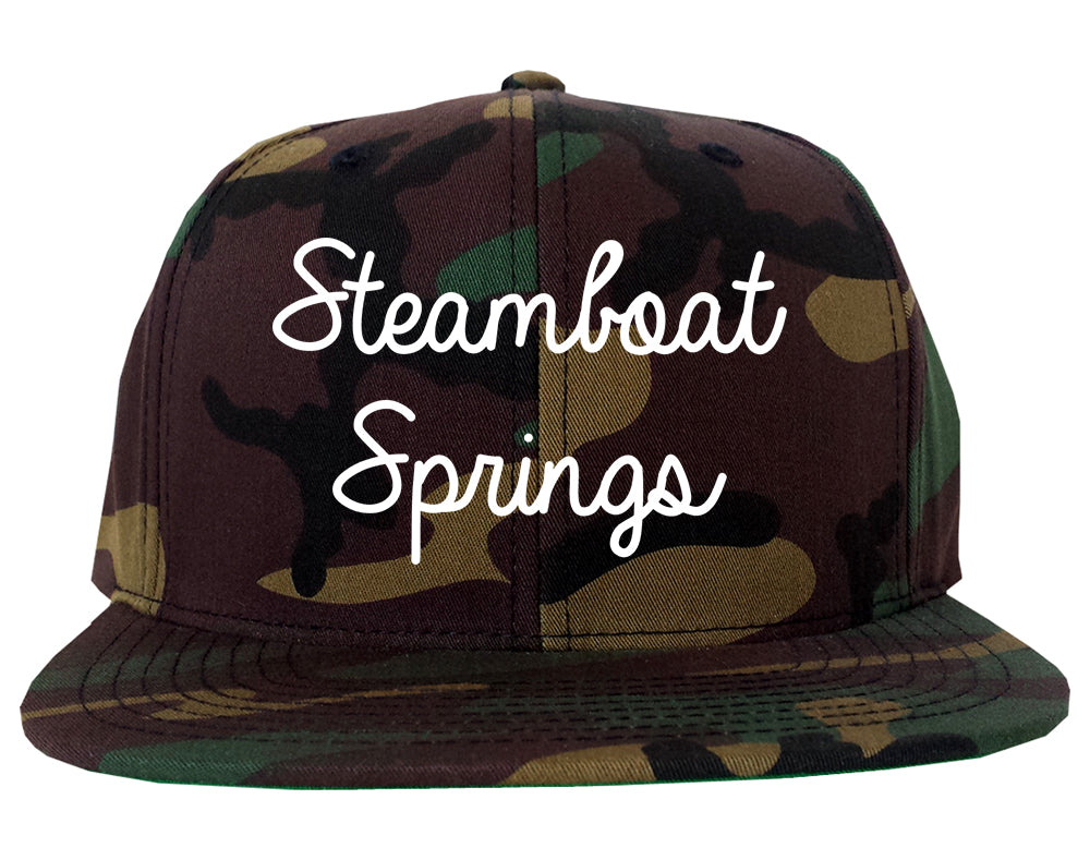 Steamboat Springs Colorado CO Script Mens Snapback Hat Army Camo