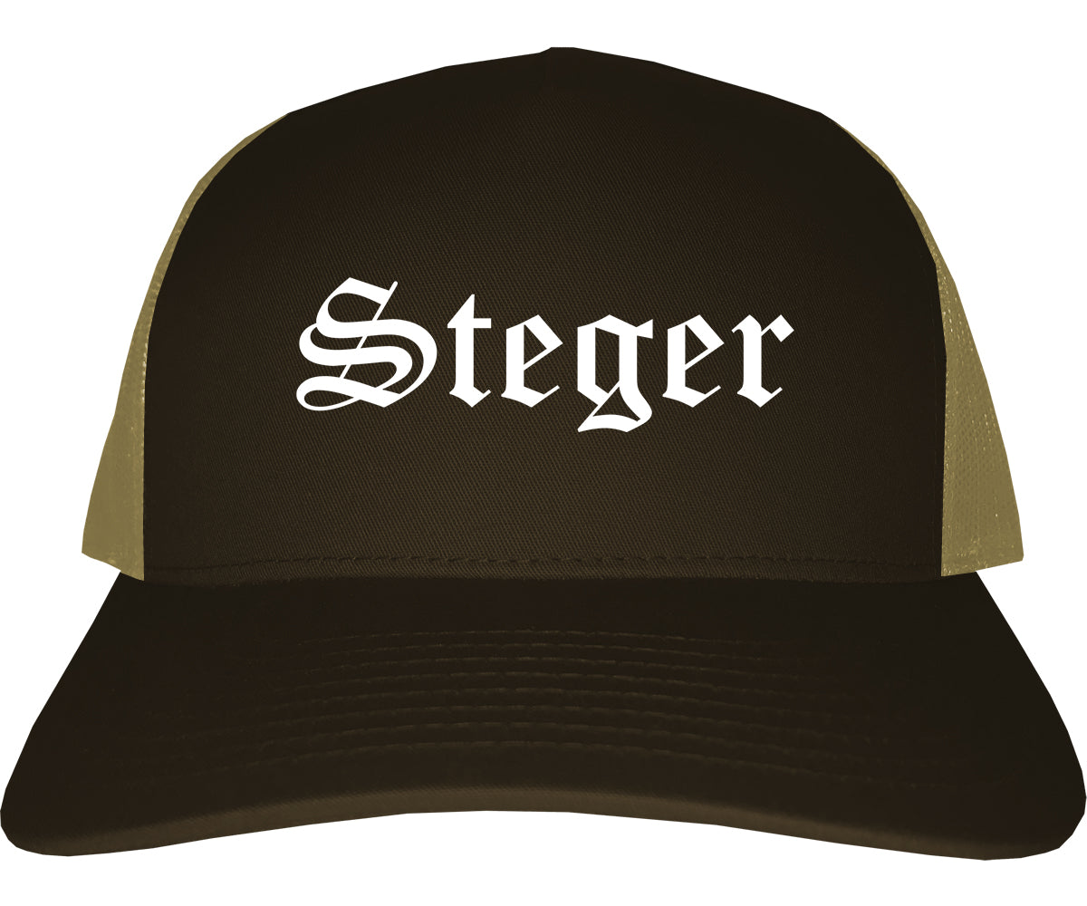 Steger Illinois IL Old English Mens Trucker Hat Cap Brown
