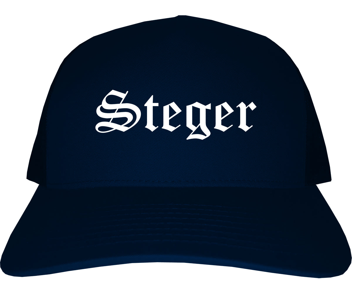 Steger Illinois IL Old English Mens Trucker Hat Cap Navy Blue