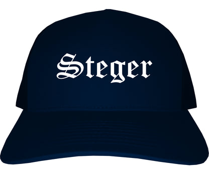 Steger Illinois IL Old English Mens Trucker Hat Cap Navy Blue