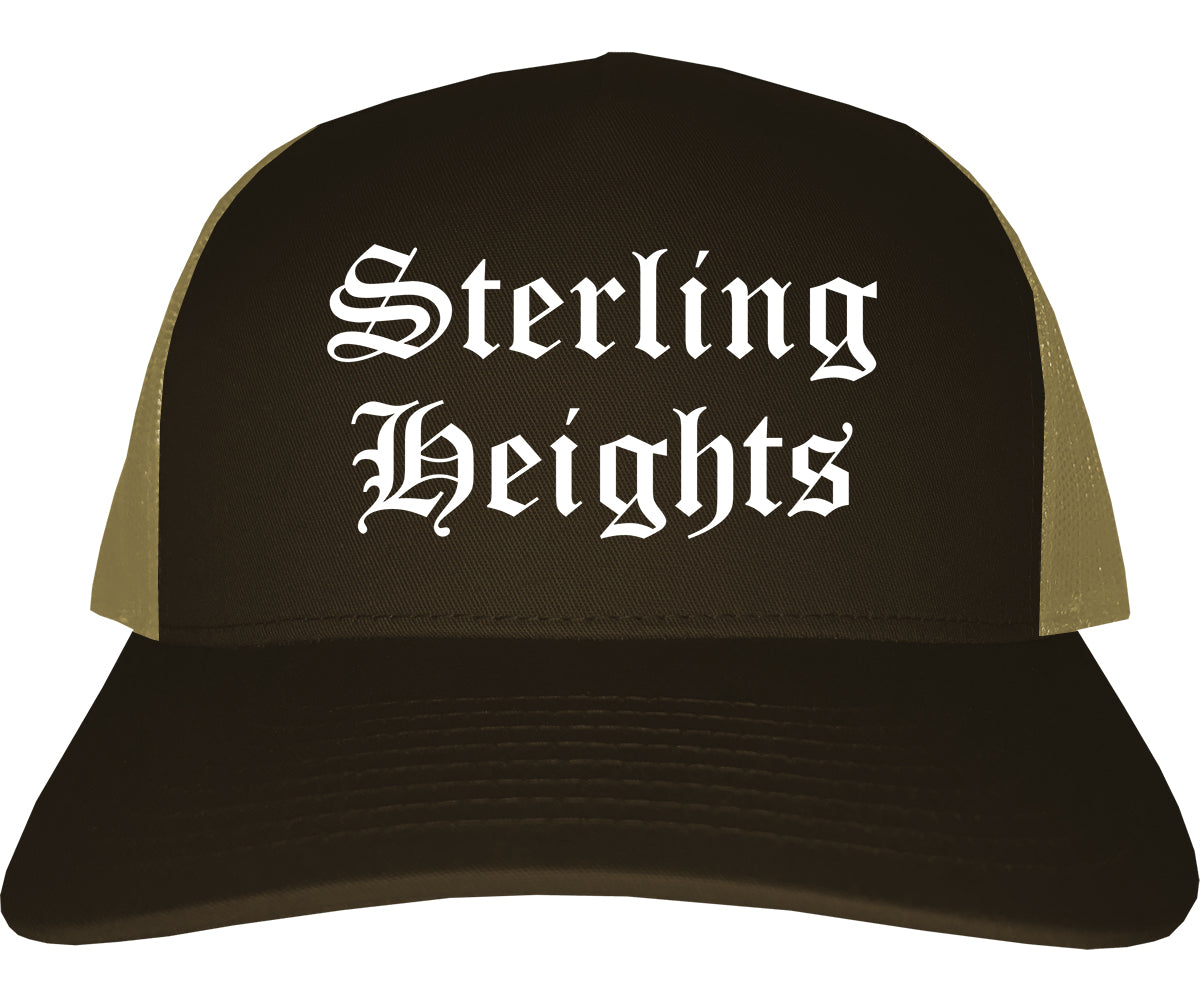 Sterling Heights Michigan MI Old English Mens Trucker Hat Cap Brown