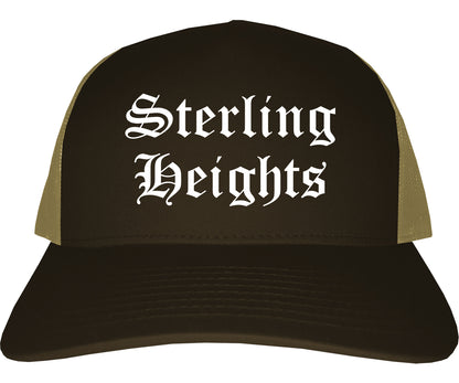 Sterling Heights Michigan MI Old English Mens Trucker Hat Cap Brown
