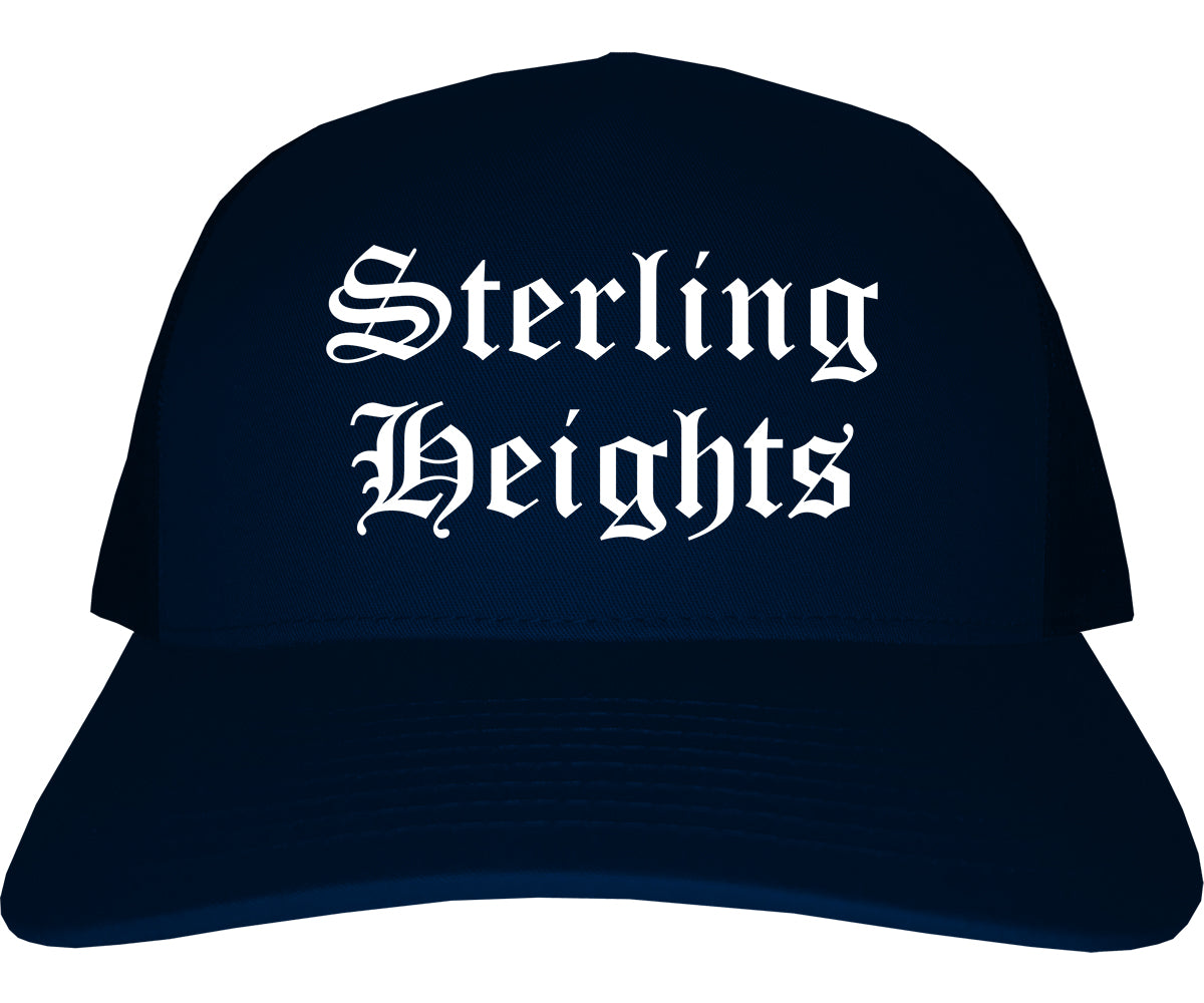 Sterling Heights Michigan MI Old English Mens Trucker Hat Cap Navy Blue