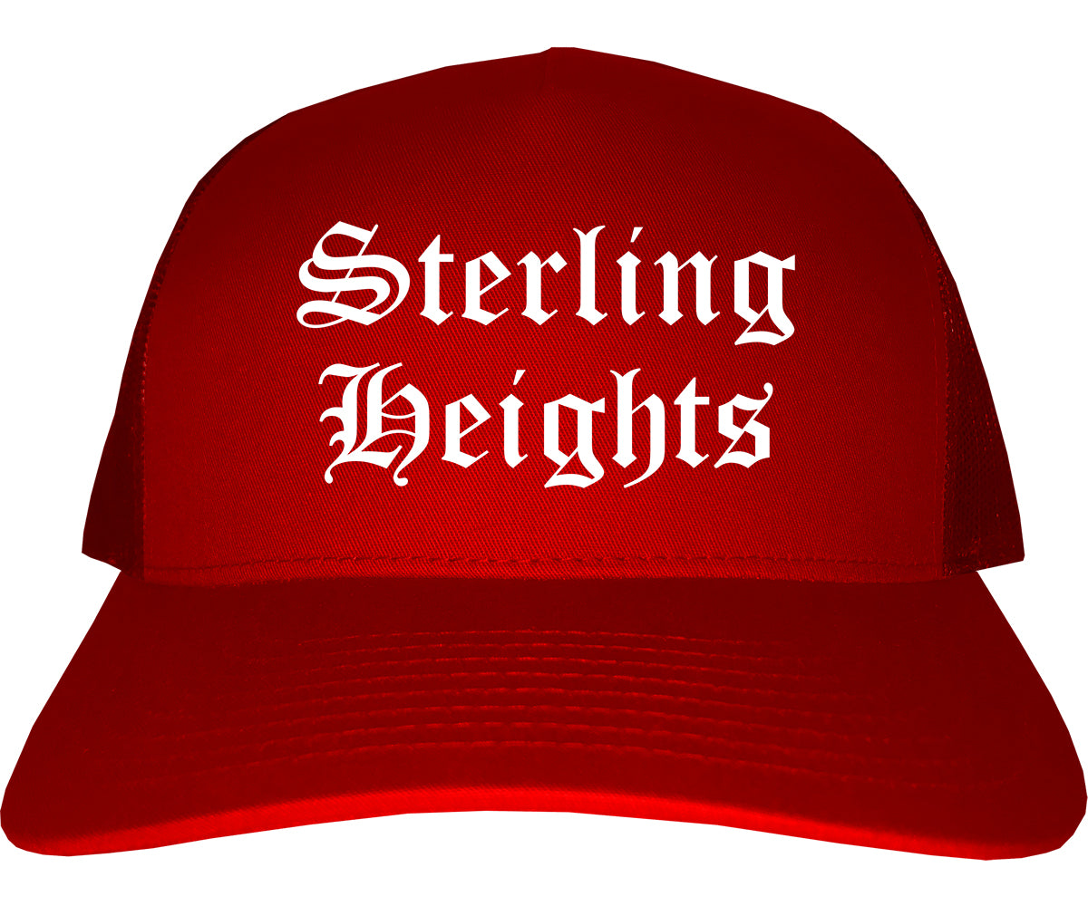 Sterling Heights Michigan MI Old English Mens Trucker Hat Cap Red