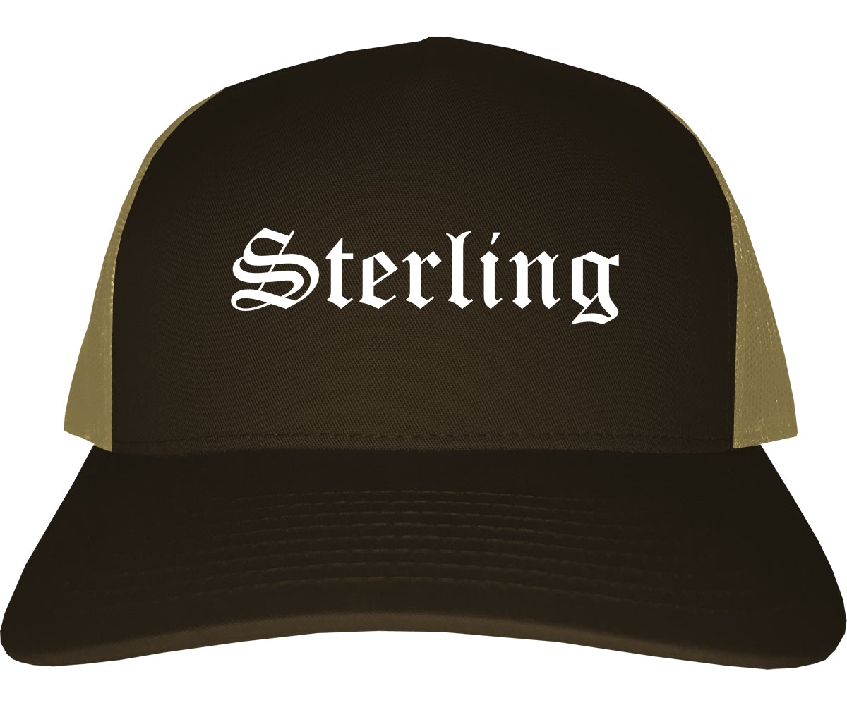 Sterling Illinois IL Old English Mens Trucker Hat Cap Brown