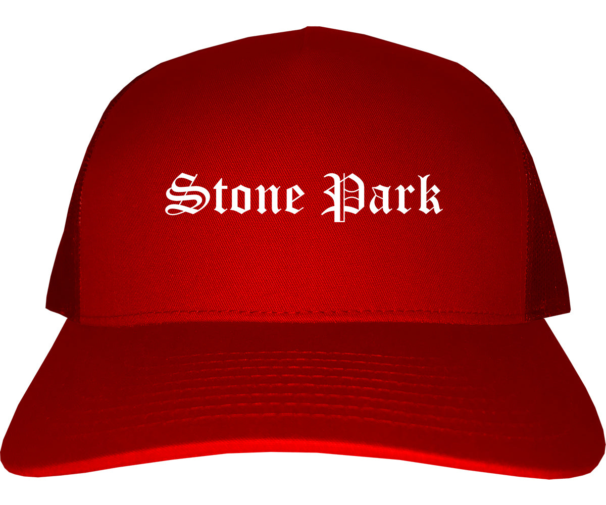 Stone Park Illinois IL Old English Mens Trucker Hat Cap Red