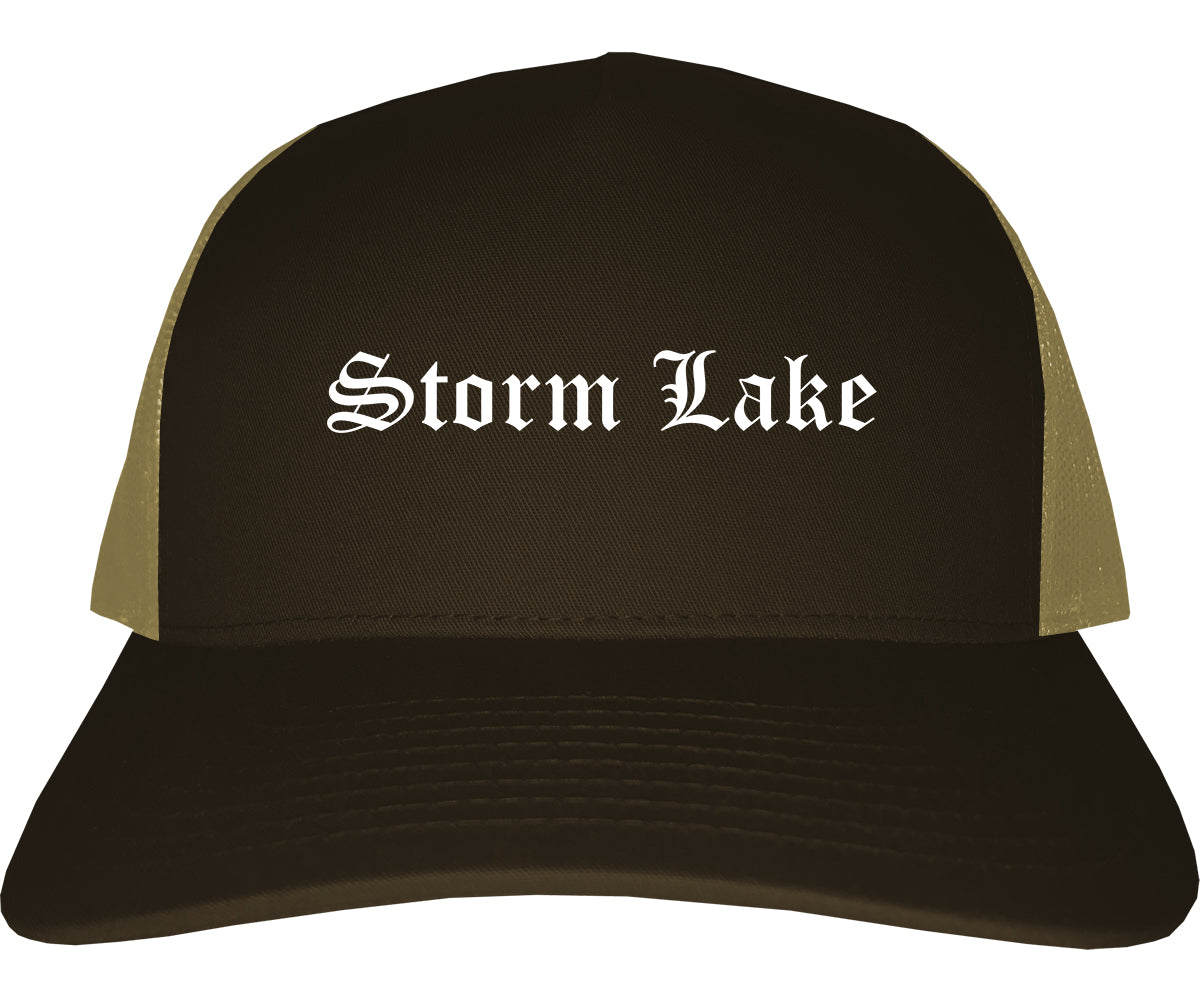 Storm Lake Iowa IA Old English Mens Trucker Hat Cap Brown