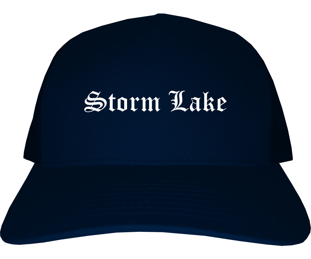 Storm Lake Iowa IA Old English Mens Trucker Hat Cap Navy Blue