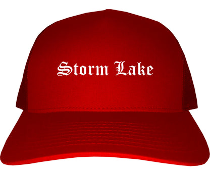 Storm Lake Iowa IA Old English Mens Trucker Hat Cap Red