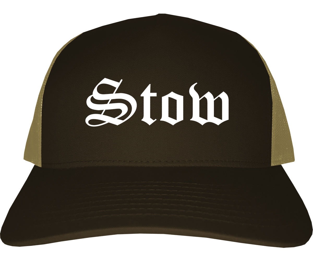 Stow Ohio OH Old English Mens Trucker Hat Cap Brown