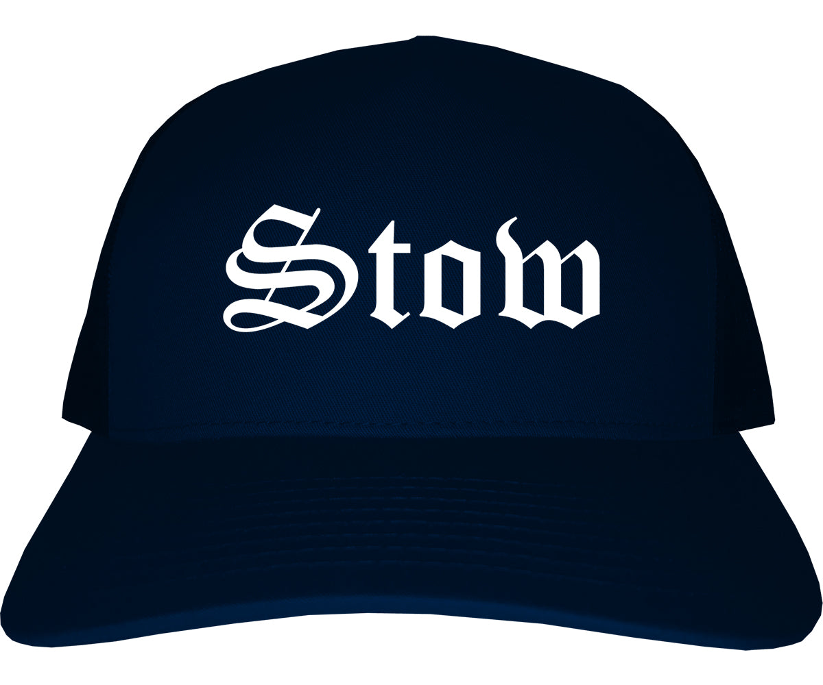 Stow Ohio OH Old English Mens Trucker Hat Cap Navy Blue