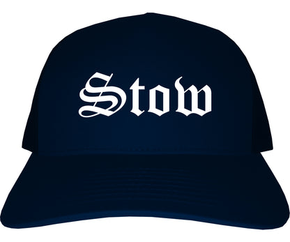 Stow Ohio OH Old English Mens Trucker Hat Cap Navy Blue