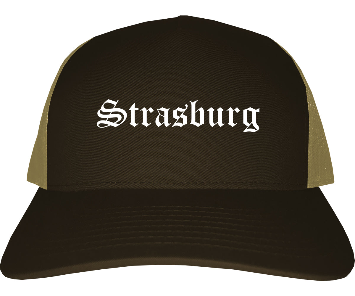 Strasburg Virginia VA Old English Mens Trucker Hat Cap Brown