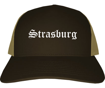 Strasburg Virginia VA Old English Mens Trucker Hat Cap Brown