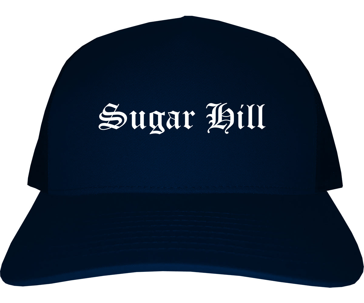 Sugar Hill Georgia GA Old English Mens Trucker Hat Cap Navy Blue