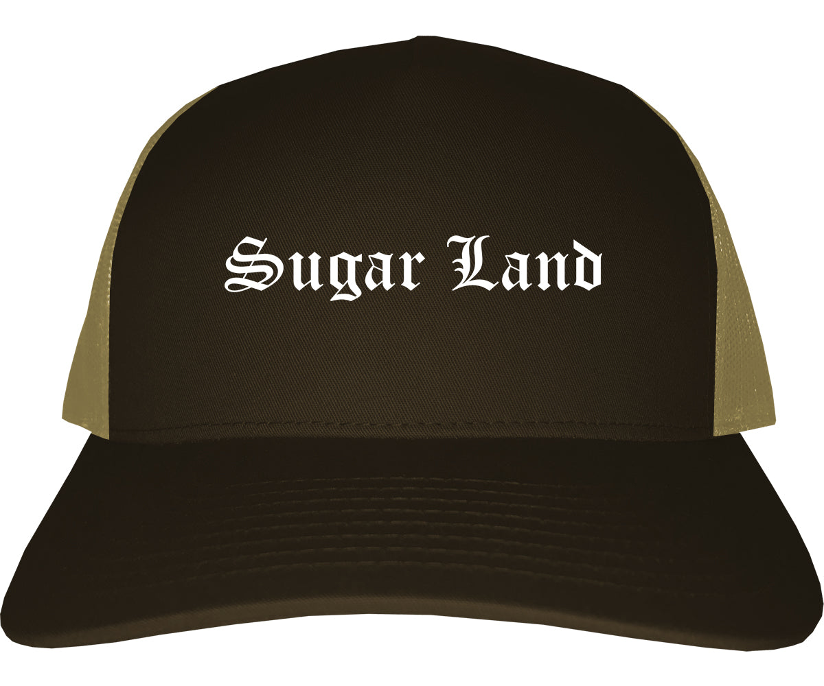 Sugar Land Texas TX Old English Mens Trucker Hat Cap Brown