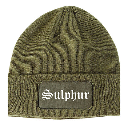 Sulphur Oklahoma OK Old English Mens Knit Beanie Hat Cap Olive Green
