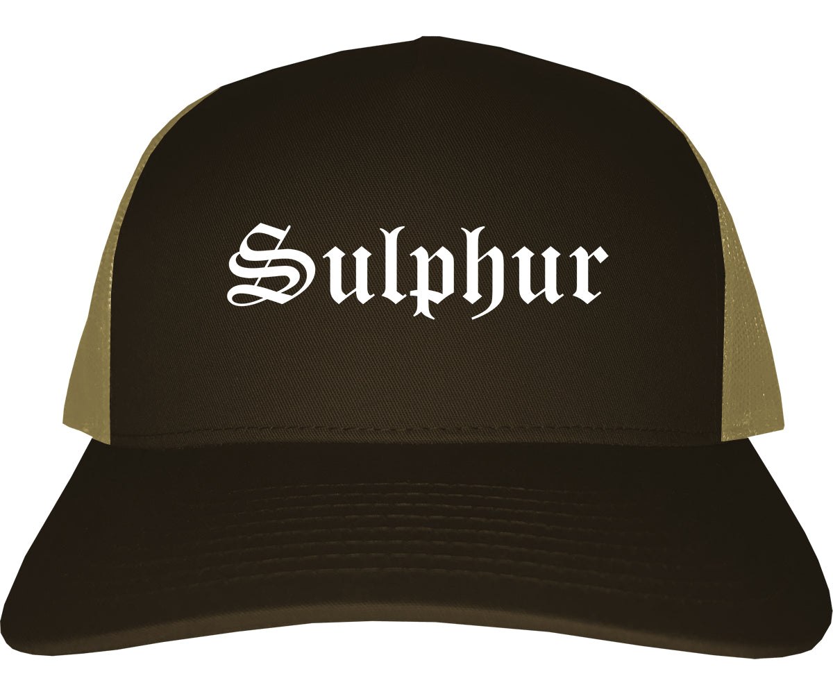 Sulphur Oklahoma OK Old English Mens Trucker Hat Cap Brown