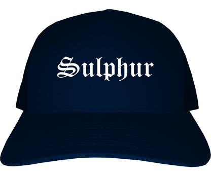 Sulphur Oklahoma OK Old English Mens Trucker Hat Cap Navy Blue