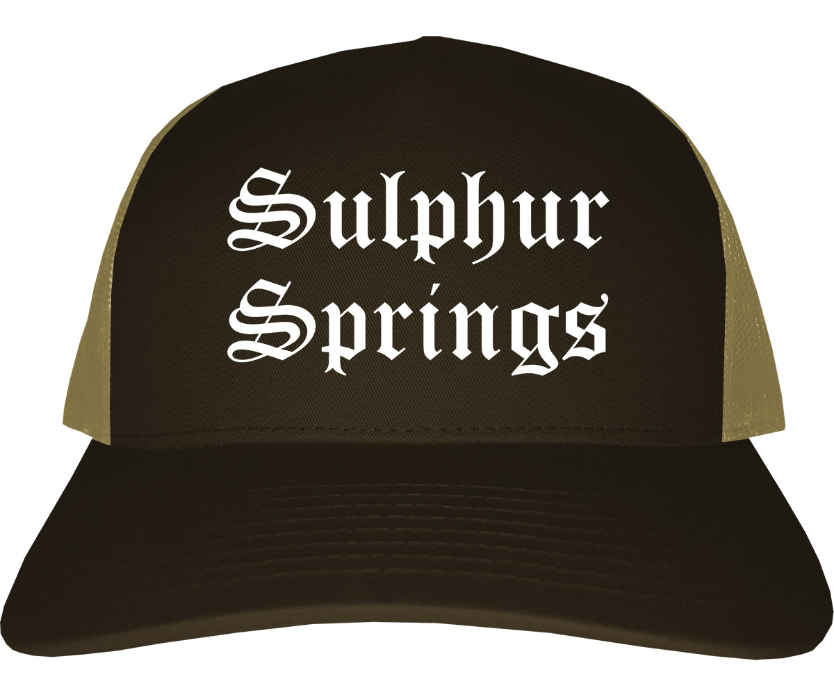 Sulphur Springs Texas TX Old English Mens Trucker Hat Cap Brown