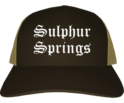 Sulphur Springs Texas TX Old English Mens Trucker Hat Cap Brown