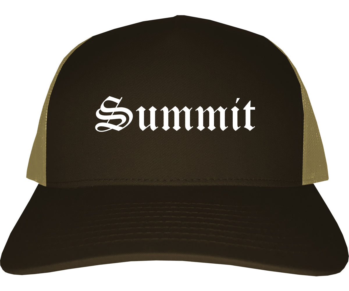 Summit Illinois IL Old English Mens Trucker Hat Cap Brown