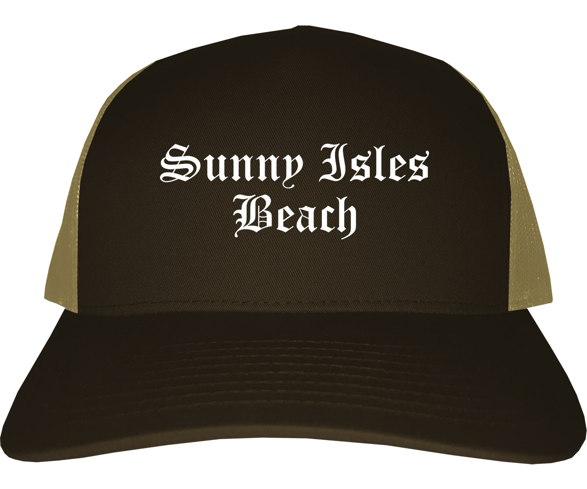 Sunny Isles Beach Florida FL Old English Mens Trucker Hat Cap Brown