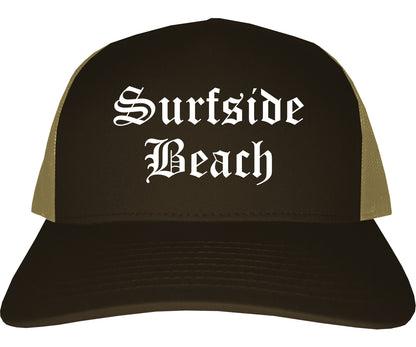 Surfside Beach South Carolina SC Old English Mens Trucker Hat Cap Brown
