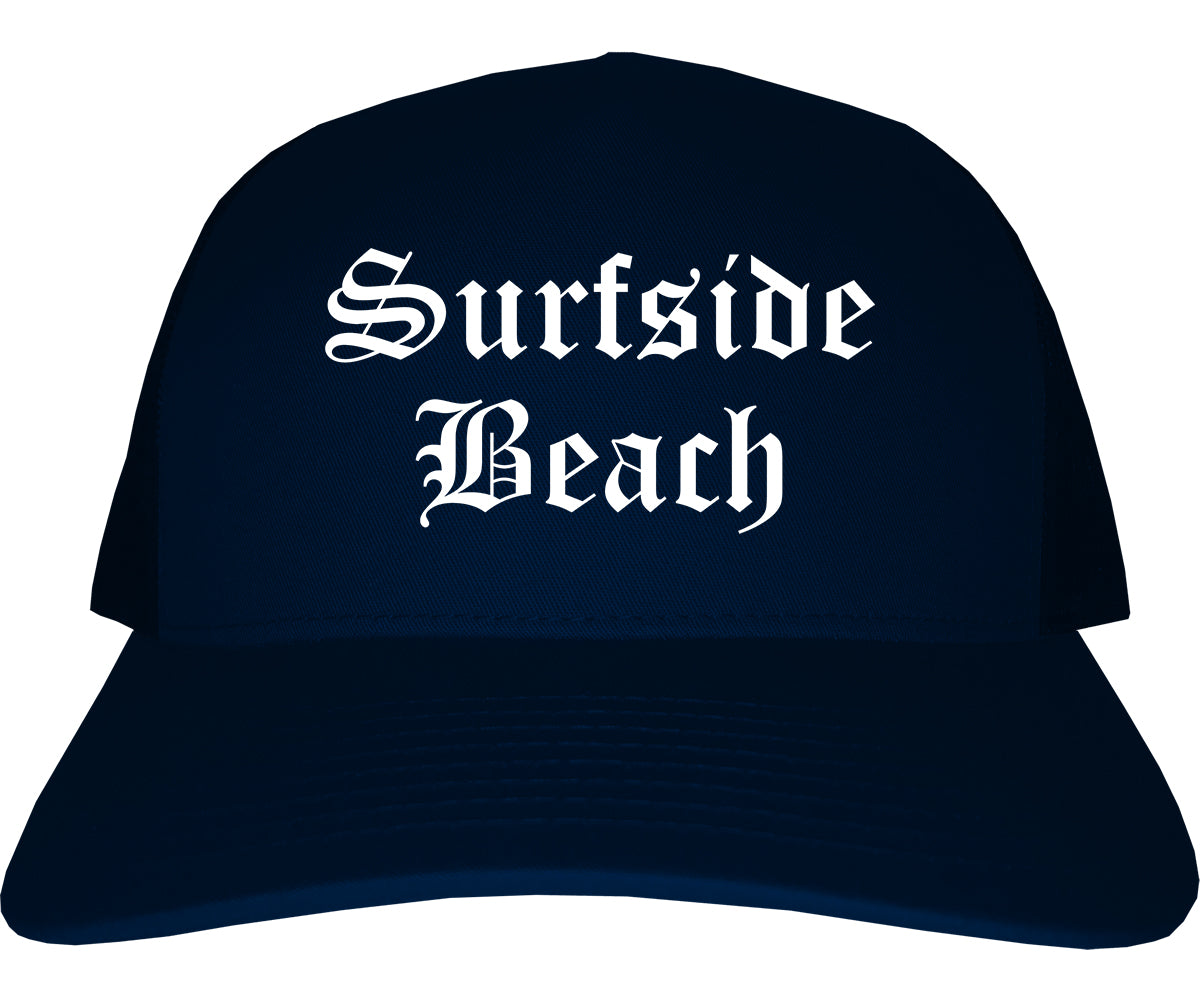 Surfside Beach South Carolina SC Old English Mens Trucker Hat Cap Navy Blue