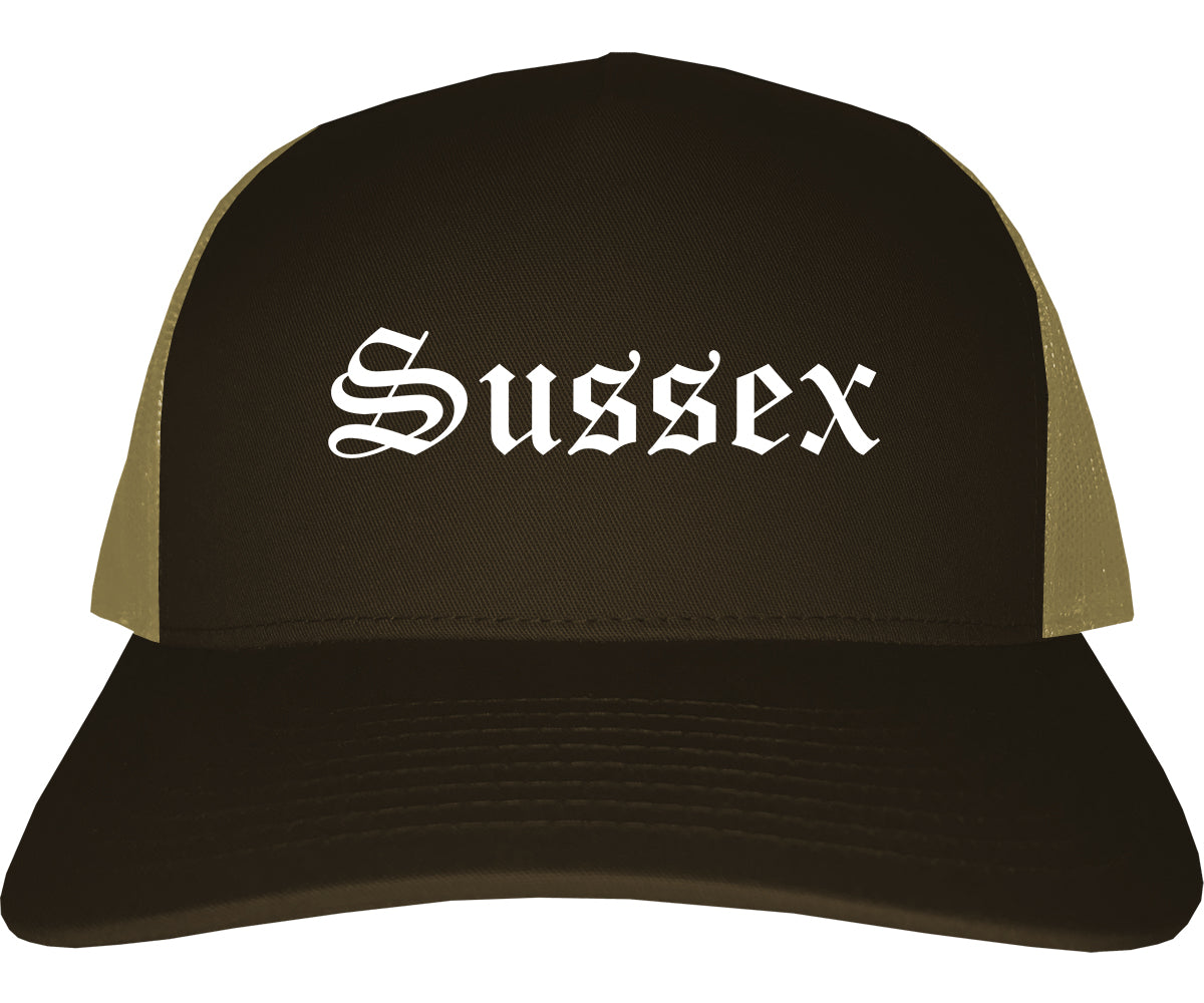 Sussex Wisconsin WI Old English Mens Trucker Hat Cap Brown