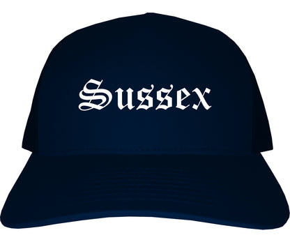 Sussex Wisconsin WI Old English Mens Trucker Hat Cap Navy Blue