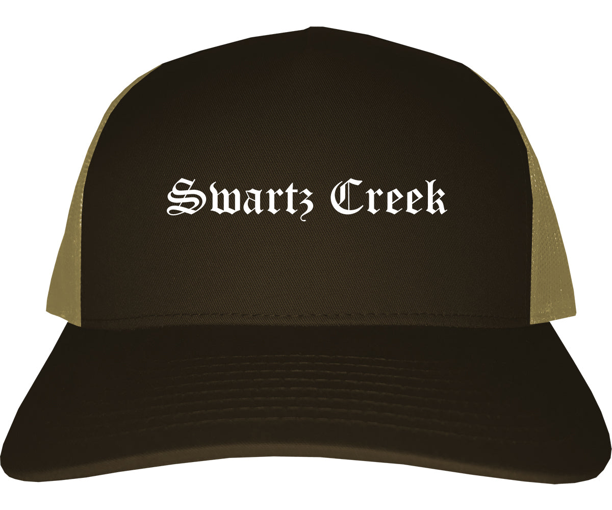 Swartz Creek Michigan MI Old English Mens Trucker Hat Cap Brown