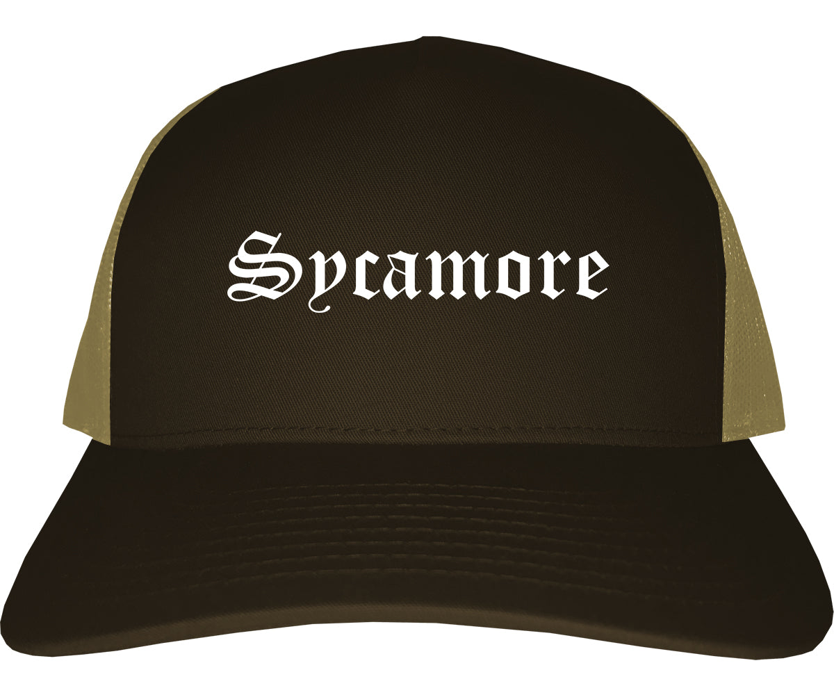 Sycamore Illinois IL Old English Mens Trucker Hat Cap Brown