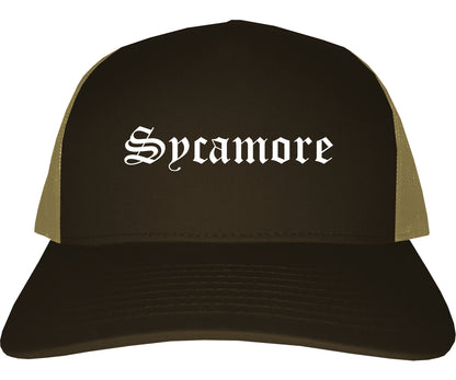 Sycamore Illinois IL Old English Mens Trucker Hat Cap Brown