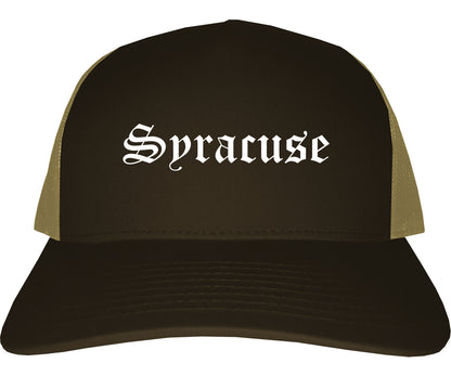 Syracuse New York NY Old English Mens Trucker Hat Cap Brown