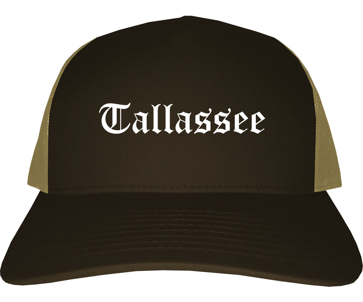 Tallassee Alabama AL Old English Mens Trucker Hat Cap Brown