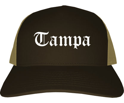 Tampa Florida FL Old English Mens Trucker Hat Cap Brown