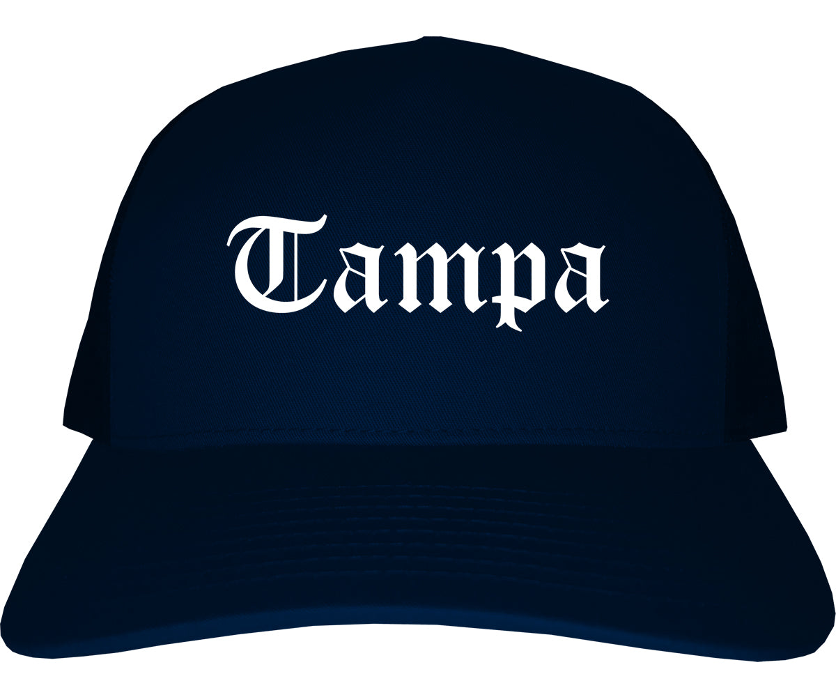 Tampa Florida FL Old English Mens Trucker Hat Cap Navy Blue