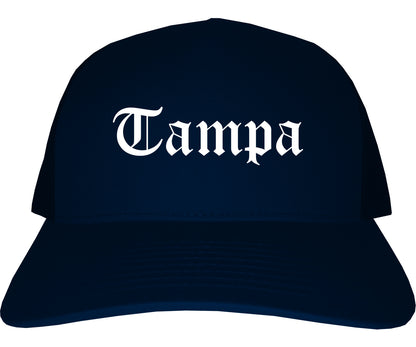 Tampa Florida FL Old English Mens Trucker Hat Cap Navy Blue