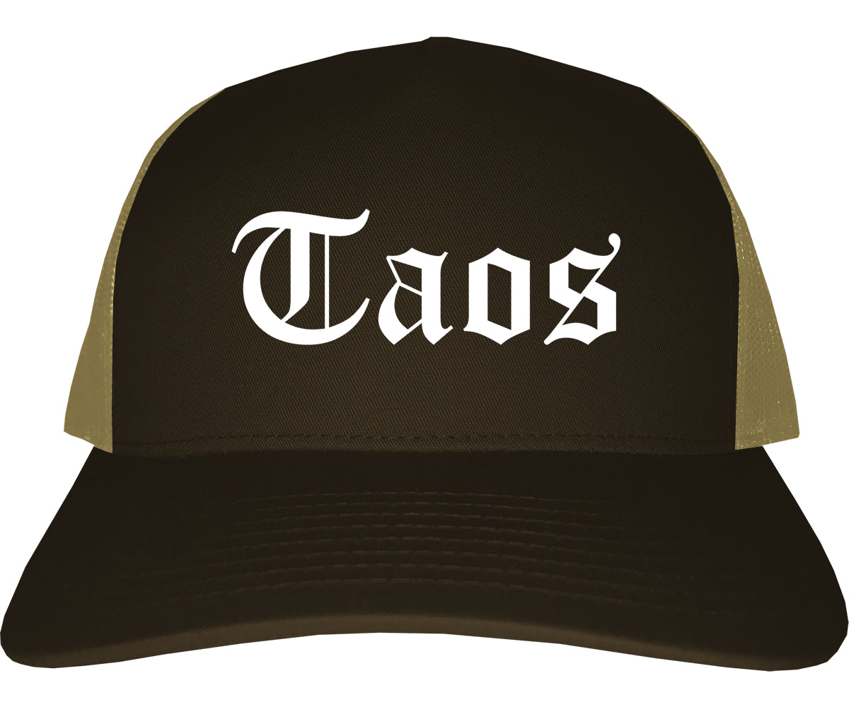 Taos New Mexico NM Old English Mens Trucker Hat Cap Brown